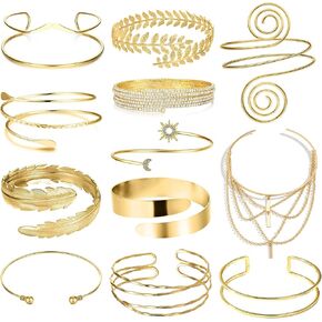 9 Pcs Arm Cuff Bracelets for Women Gold Upper Arm Cuff Bangle Band Armlet Armband Ring Adjustable Arm Accessories Jewelry Set
