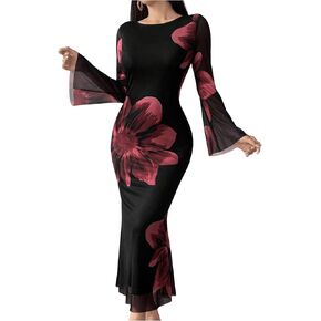 GORGLITTER Women's Floral Print Bodycon Midi Dress Long Sleeve Round Neck Fishtail Dress Party Long Dress