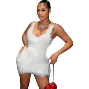 Womens Faux Fur Mini Dress Fluffy Furry Backless Bodycon Short Dress Sleeveless Open Back Party Dresses