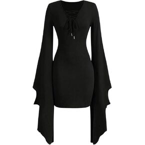 MakeMeChic Women's V Neck Flounce Sleeve Lace Up Mini Dress Bodycon Skinny Short Dresses