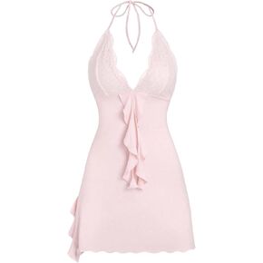 Floerns Women's Cute Contrast Lace Halter Dress Sleeveless Ruffle Trim Bodycon Mini Dress