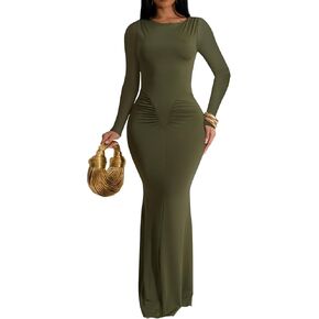 Memoriesea Women's Elegant Crew Neck Long Sleeve Ruched Bodycon Evening Party Maxi Dress