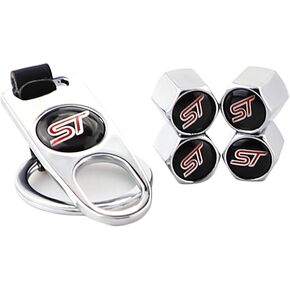 4Pcs Car Tire Valve Stem ST Logo Zinc Alloy Chrome Dustproof Airtight Caps Covers and 1 pcs Wrench Keychain Combo Set for ST Styling Decoration Accessories(Tires Parts Valve Stems Caps) (Silver)