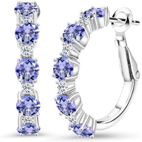Gem Stone King 3.32 Cttw Blue Tanzanite and White Topaz Hoop Earrings For Women | 925 Sterling Silver | Round 4MM and 1.9MM | Gemstone Birthstone | 1 Inch Diameter