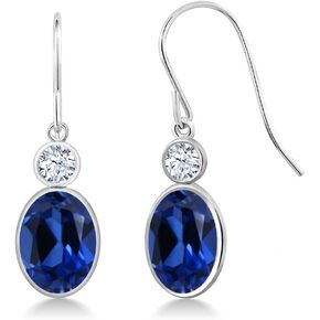 Gem Stone King 14K White Gold Blue Created Sapphire and White Created Sapphire Hook French Fish Ear Wire Dangle Earrings For Women (3.46 Cttw, Gemstone September Birthstone, Oval 8X6MM, Round 3MM)