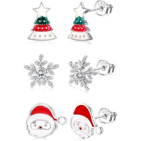 Fiasaso Christmas Earrings 3 Pairs 925 Sterling Silver Christmas Stud Earrings for Women Hypoallergenic Snowman Santa Claus Christmas Tree Snowflake Earrings Christmas Thanksgiving Jewelry Gift
