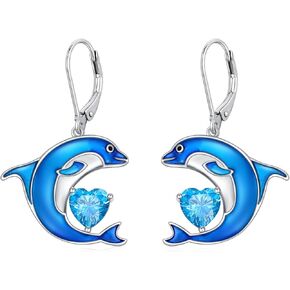 LONAGO Dolphin Earrings for Women 925 Sterling Silver Blue Dolphin with Birthstone Drop Dangle Earrings