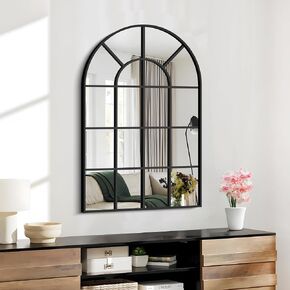 Arched Window Mirror,24x36 inch Window Pane Mirrors for Wall Decor, Black Arched Mirrors Wall Mounted, Black Framed Arched Mirror for Living Room Bedroom Entryway
