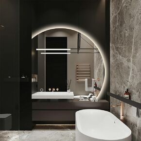 Niccy 43" Half Moon LED Mirror for Bathroom, Backlit Semi Circle Frameless Mirror for Entryway, Irregular 1/4 Round Lighted Mirror with Bedroom Wall Mirror, Anti-Fog, Dimmable, Makeup Mirror