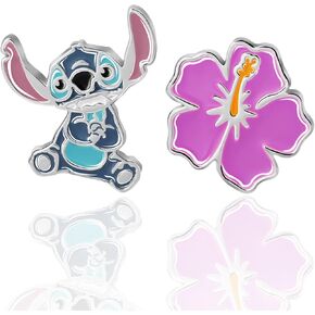 Disney Lilo & Stitch Stud Earrings - Mismatch Flower & Stitch Sterling Silver Earrings - Disney Jewelry - Officially Licensed