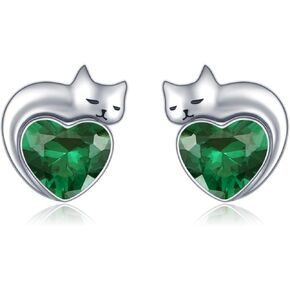 Dreamboat Cat Birthstone Stud Earrings Sterling Silver Cat Stud Earrings Heart Cat Earrings Jewelry for Women Cat Lovers
