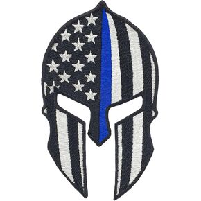 Spartan Helmet with Thin Blue Line Flag Police Embroidery Patch Iron On. Size: 4.7 X 2.9 inches.