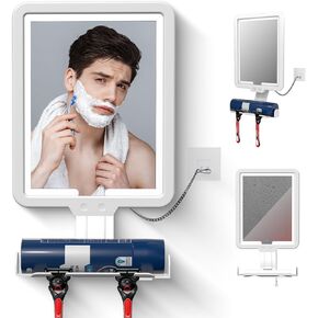 Heated Anti-Fog Shower Shaving Mirror,LED Shower Mirror Fogless for Shaving with 3 color modes,9.5*8 Inch Dimmable Shaving Mirror with Storage Tray and Razor Holder,Hanging Rechargeable Shower Mirror
