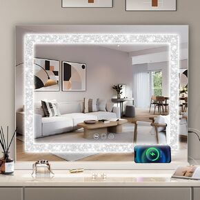 Misavanity Vanity Mirror with Lights Tempered Glass 22.8" x 18.1" Lighted Makeup Mirror with Lights Strip Crushed Diamond 3 Colors Modes Dimmable Lights USB Charging Port and 10X Magnification, White