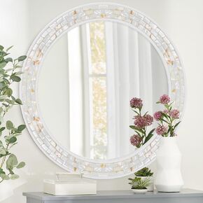 Tanmicoshomy Round Wall Mirror 30 Inch,Circle Mosaic Mirror with Natural Mother of Pearl and Wood Frame, Decorative Coastal Round Wall Mirror for Bathroom Bedroom Living Room Entrayway