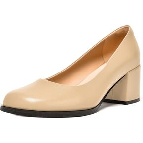 FEMSTEP Womens Casual Slip On Block Matte Leather Square Toe Chunky Low Heel Pumps Shoes 2.5 Inch
