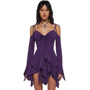 Dolls Kill F is for Fairies Handkerchief Dress by Current Mood - Off-Shoulder, Custom Fit Dress, Perfect for Fairycore Fashion - Violet, XX-Small