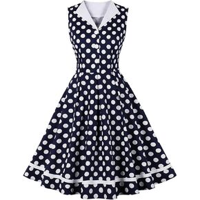Nihsatin Navy Blue Swing Dress Button Front Polka Dots Sleeveless Dress