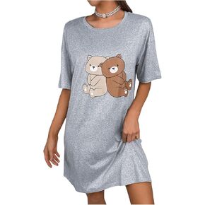 Women's Cartoon Print Nightgowns Short Sleeve Crew Neck Pajama Tee Dress Loungewear