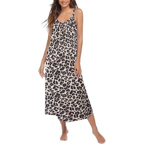 Ekouaer Womens Sleeveless Nightgown Full Slip Nightshirt Print Nightwear Full Length Loungewear Soft Nightdress Brown Leopard