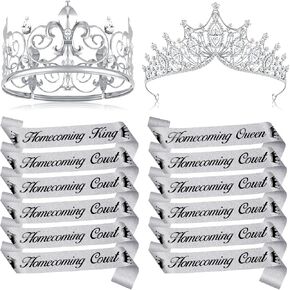 12 Pcs Homecoming Party Prom Sashes Set Homecoming King Homecoming Queen Sashes Homecoming Court Sash 2 Metal Crown for Men Women Crown University Party Accessories(Black, Gold,Classic)