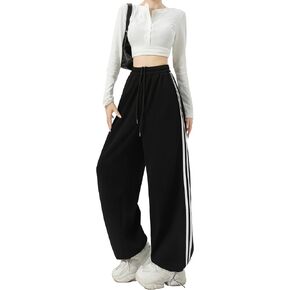 Women's Side Stripes Wide Leg Sweatpants Elastic Wastic Straight Leg Athletic Baggy Joggers Pants