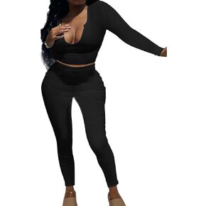 LovelyWholesale Women 2 Piece Outfits Low Cut Long Sleeve Crop Top and leggings Set