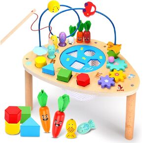 Activity Table for 1+ Year Old, 9 in 1 Wooden Montessori Toys with Bead Maze Shape Sorter Flip Mirror Train Toy, Baby Sensory Play Table Toddler Toys 1st Birthday Gifts for Girls Boys Kids