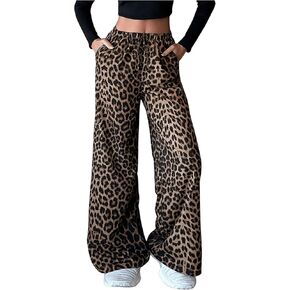 GORGLITTER Women's Leopard Cheetah Pants Elastic Wide Leg Flare Baggy Pants with Pockets