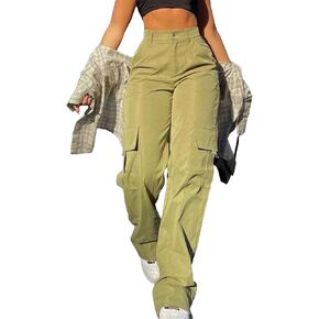 OYOANGLE Women's High Waist Flap Pocket Cargo Pants Casual Streetwear Wide Leg Pants