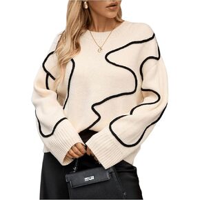 MakeMeChic Women's Graphic Print Crew Neck Sweater Drop Shoulder Long Sleeve Knitted Pullovers