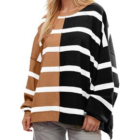 Womens Fall Striped Sweaters Color Block Sweaters Casual Round Neck Sweater Fashion Casual Loose