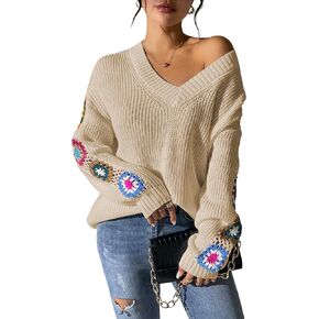 Womens Classic Boho Floral Crochet Long Sleeve Sweaters Casual Pullover Knitwear for Fall Winter Basic Tops 2024