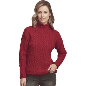 Aran Crafts Women's Traditional Irish Funnel Neck Sweater (100% Merino Wool)