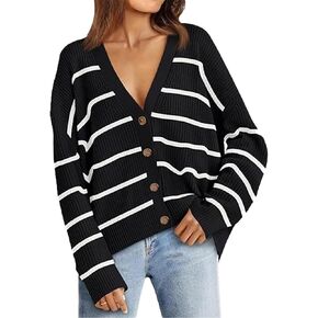 Women's Stripe Cardigan Sweaters 2024 Oversized Button Sweaters V Neck Lightweight Loose Cardigans Knit Outerwear