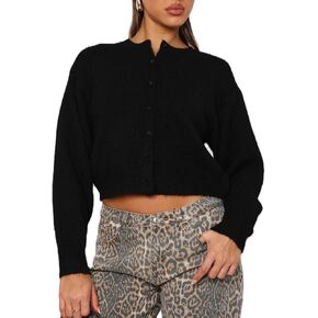 RUEWEY Women Y2k Crew Neck Button Down Long Sleeve Cropped Cardigan Knitted Sweater Light Jacket