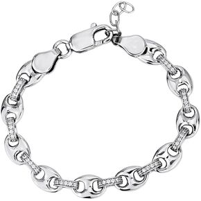 Vanbelle Sterling Silver Jewelry - Rhodium Plated with 925 Stamp - Coffee Bean Chain Bracelet with Cubic Zirconia Stones - Beautifully Handcrafted for Women - 7.5" Long