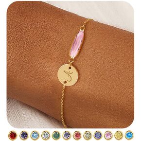 FUNEIA Birthstone Initial Gold Bracelets for Women Trendy Non Tarnish Dainty 14K Gold Plated Bracelet Stack Cute Cursive Letter Stackable Bracelets Gold Jewelry Birthday Gifts for Women Bridesmaid