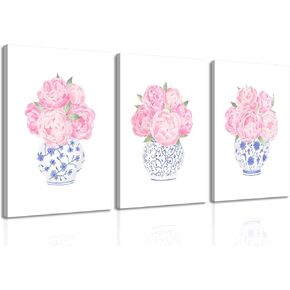 3pcs Pink Peonies Floral Canvas Wall Art Chinoiserie Blue And White Vase Wall Decor Pictures Preppy Aesthetic Posters Prints for Dorm Apartment Woman Bedroom Decoration (Canvas, 12x16in)