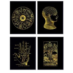 Wicca, Wiccan, Astrology, Zodiac, Occult, Tarot, Palmistry Decoration - Unique Goth Gothic Gift for Psychics, Black Arts Fans - Mystical Arts Aesthetic Room Decor Set - Black Gold