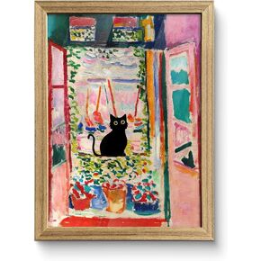 Artistry Canvas Art Framed Henri Matisse Open Window Wall Art Funny Colorful Oil Paintings Black Cat Poster Flower Canvas Wall Decor Prints For Bedroom Living Room 12" x 16"