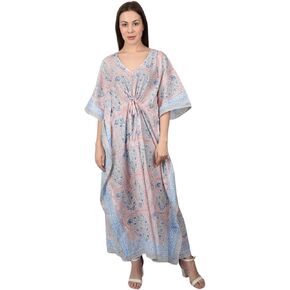 Fabric Venue Women's Ethnic Hand Block Print Cotton Maxi Caftan Nightwear Dress Beach Wear Summer Dress Kaftan kaf-30 Multicolor