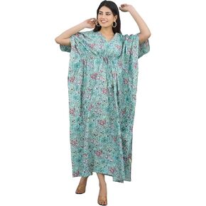 INDACORIFY Beautiful Block Printed Kaftan for Beach Wear Cover Up Long Gown Summer Boho Kaftan Indian Handmade Cotton Kaftan Dress Multi