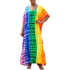 فساتين قفطان من Bsubseach للنساء، ملابس سباحة طويلة، أكمام قصيرة، مقاس كبير، فستان قفطان، ملابس المنتجعات، بألوان قوس قزح in Kuwait
