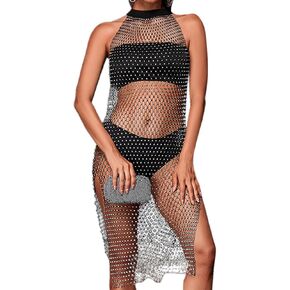 Formery Rhinestone Mesh Body Chain Black Crystal Slit Cover Up Summer Bikini Beach Swimwear Dress for Women