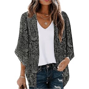 SOLY HUX Women's Paisley Print Blouse 3/4 Sleeve Cardigan Kimono Coverup Oversized Open Front Shirt Tops