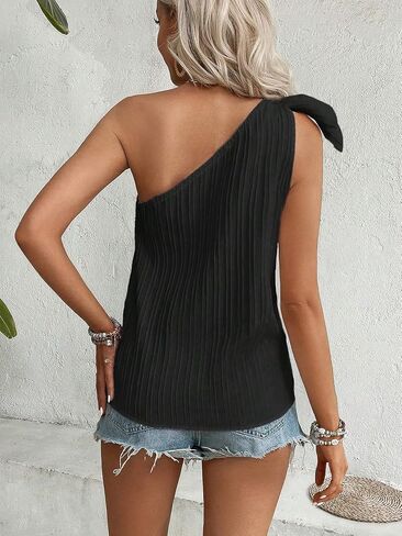 Milumia Women's Swiss Dots One Shoulder Top Casual Knot Sleeveless Blouse Tank Tops in Saudi Arabia