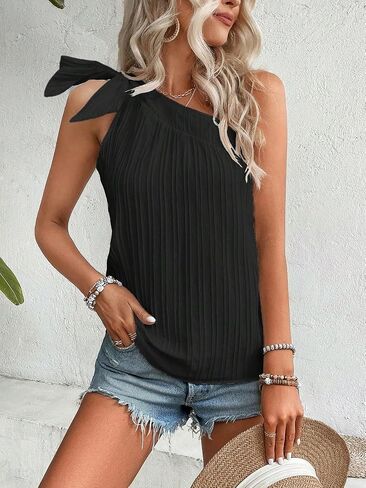 Milumia Women's Swiss Dots One Shoulder Top Casual Knot Sleeveless Blouse Tank Tops in Saudi Arabia