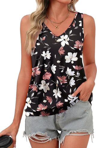 Zeagoo Womens Summer Tank Tops V Neck Sleeveless Tops Casual Loose Fit Solid Floral Tanks Cute Basic Banded Cami Shirts in Saudi Arabia