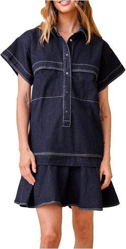 Women's Cotton Drop Waist Shirt Dress Short Sleeve Button Down Mini Dress Ruffle Tunic Dress with Pockets in Kuwait